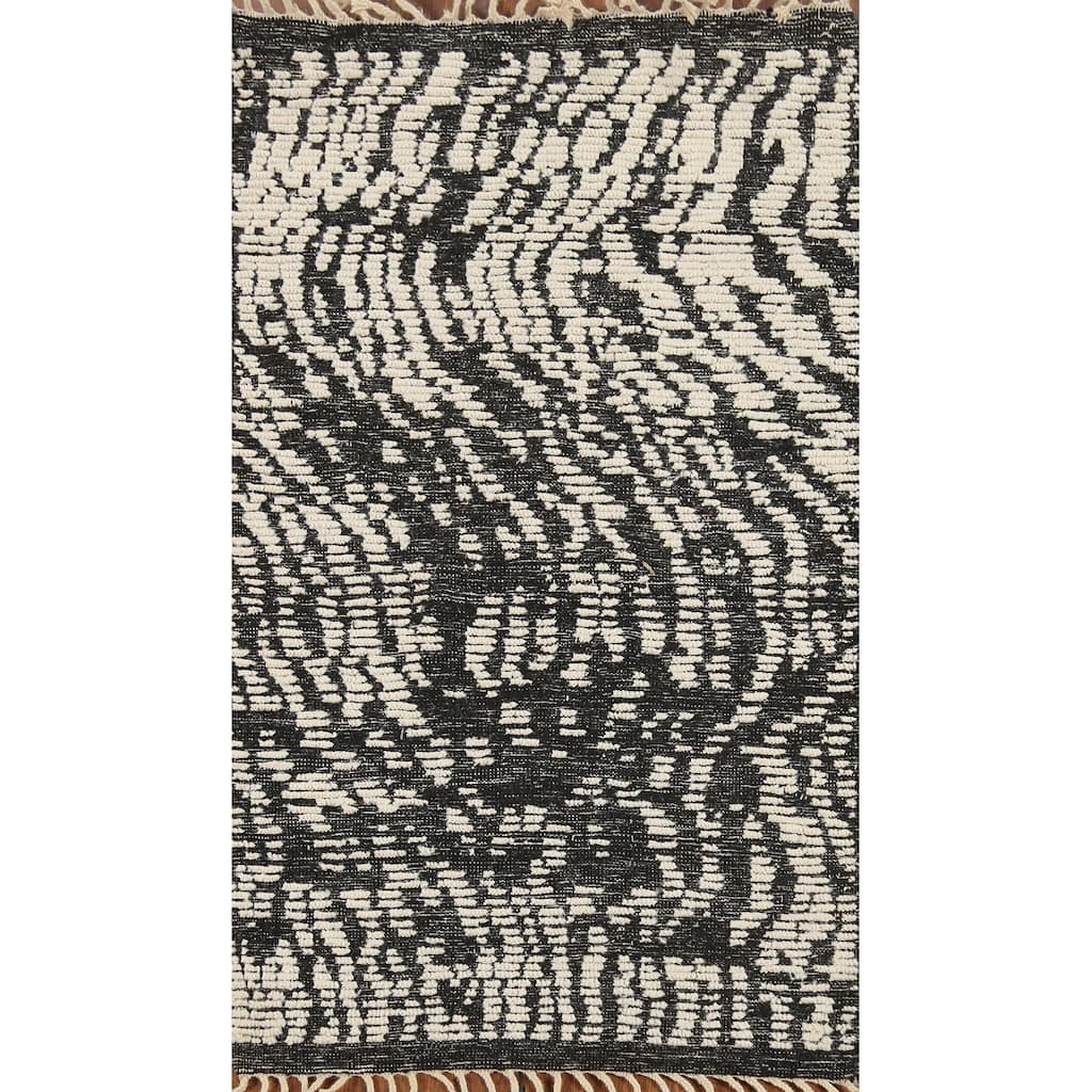 Black & White Moroccan Abstract Rug Hand-Knotted Wool Carpet - 3'0"x 4'11"