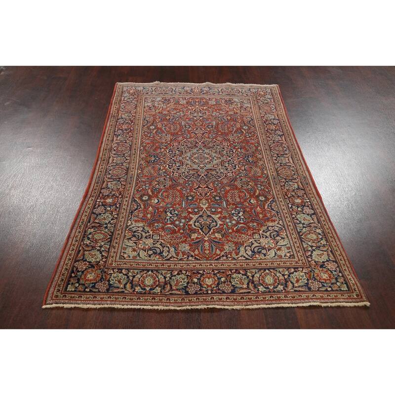 Antique Vegetable Dye Kashan Dabir Persian Wool Area Rug Handmade - 4'1" x 6'10"