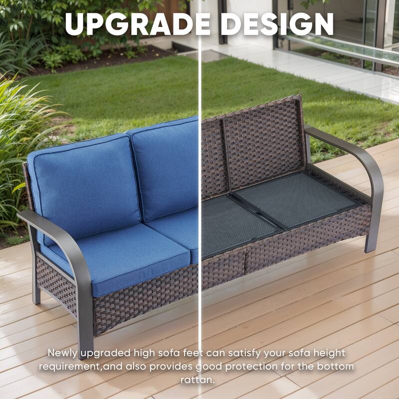 6 Pieces Patio Sofa with Fire Pit Table, Swivel Chair Ottoman