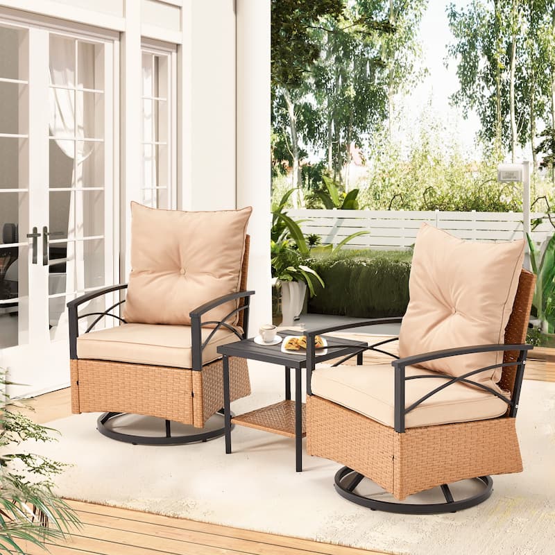 3-Piece Outdoor Rocking/Swivel Chair Set - PE Rattan Patio Furniture with Cushions & Coffee Table, Rocker Chairs for Backyard