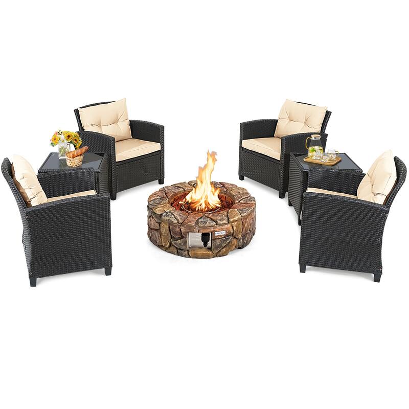 Costway 7PCS Patio Rattan Wicker Furniture Set Gas Fire Pit Table Sofa - See Details