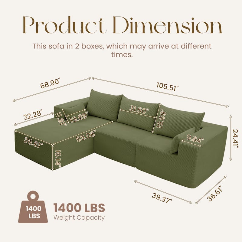 Oversized L-shaped Plush Corduroy Couch, Sectional Sofa with Deep Cushions and Chaise Lounge