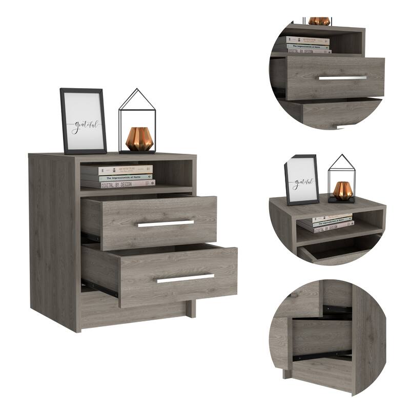 Light Grey Rectangle Nightstand with Two Drawers and Open Shelf