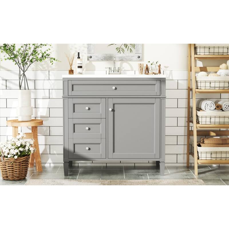 GDFStudio - Carradine Modern Freestanding Bathroom Vanity with Ceramic Sink and 2 Drawers & a Tip-out Drawer - 36'W