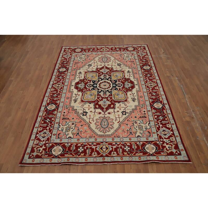 Hand Knotted Oriental 100% Wool Carpet Traditional Medallion Beige & Ivories Heriz (serapi) Area Rug - 9' 0'' X 6' 2''