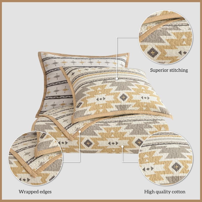 Paseo Road Desert Sage Aztec Western Bedding 3 Piece Reversible Quilt Set with Pillow Shams