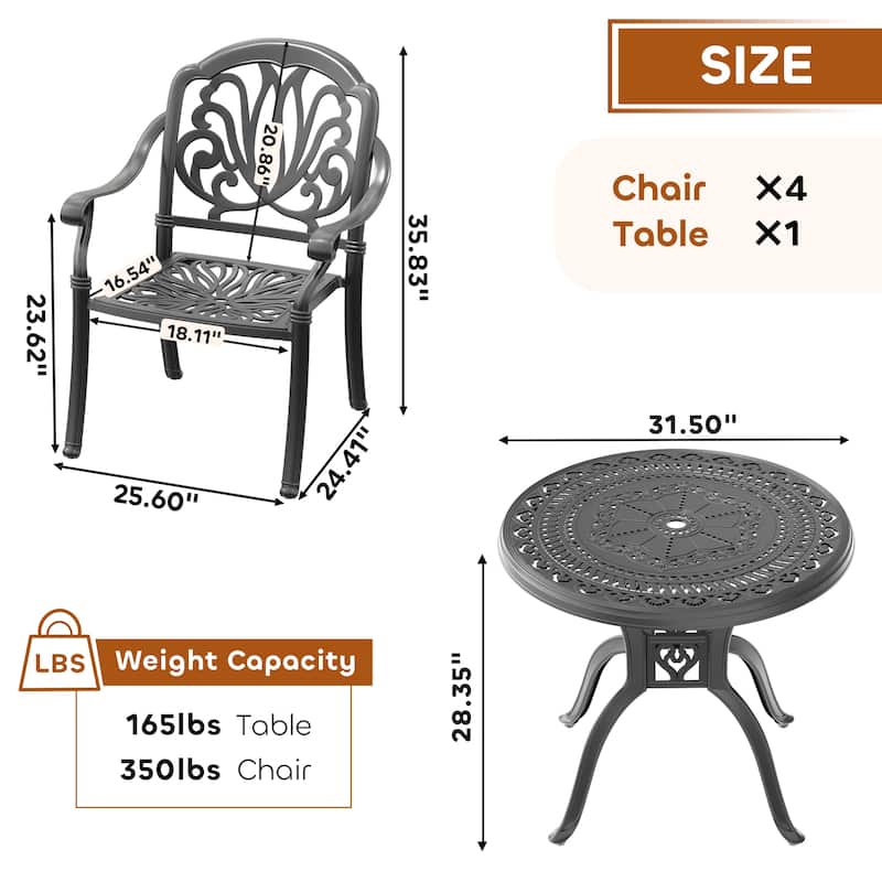 3/5-Piece Cast Aluminum Outdoor Dining Set with 31.5 in. Round Table and Seat Cushions