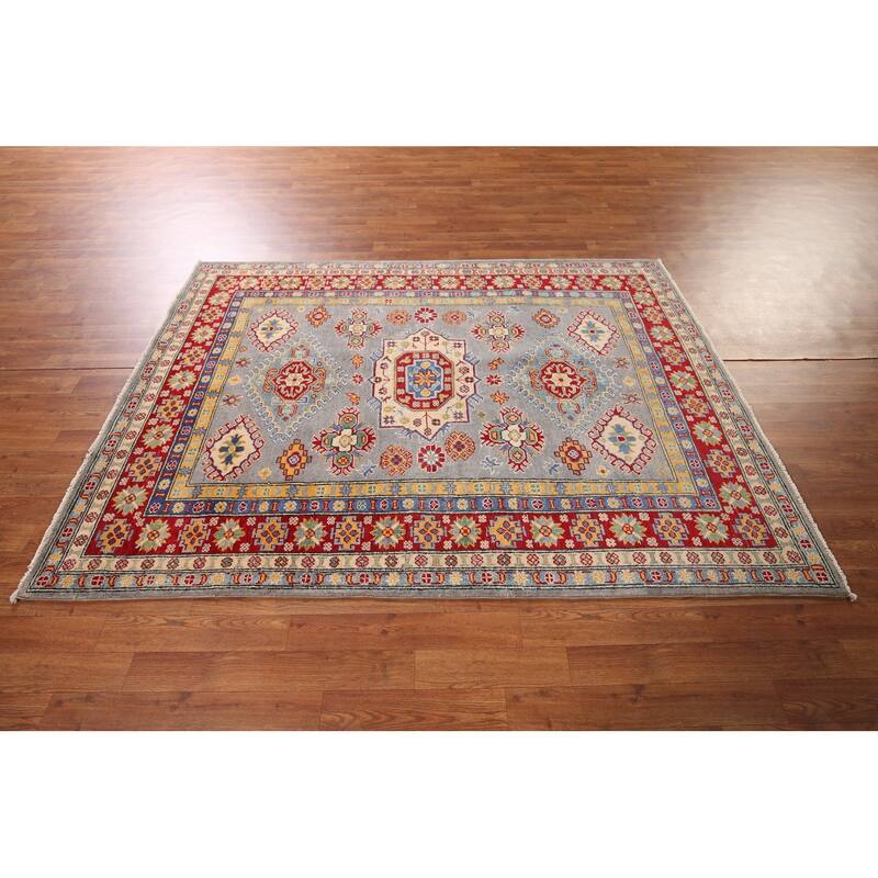 Gray Geometric Kazak Oriental Area Rug Hand-Knotted Wool Carpet - 4'11" x 6'10"