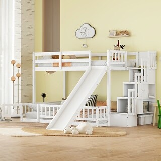 Wooden Twin Over Full Bunk Bed with Storage Staircase, Guardrails and Slide