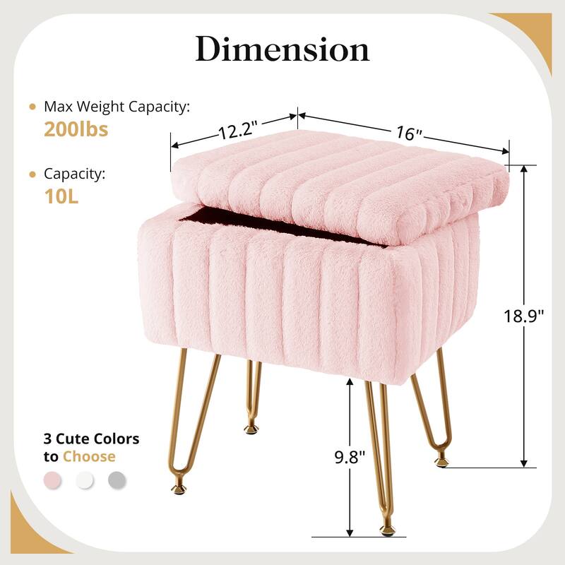 Faux Faric Soft Padded Rectangular Accent Small Ottoman Vanity Stool Chair with Storage & 4 Metal Legs