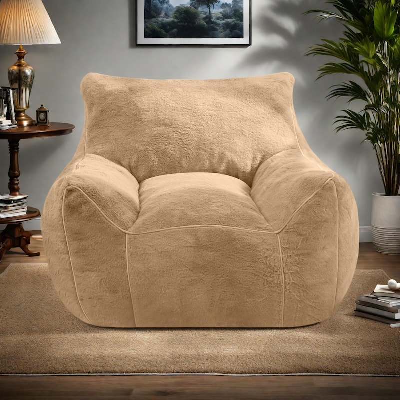 Faux Fur Bean Bag Chair with Back Support, High-Density Shredded Foam Filler, and Versatile Design - khaki