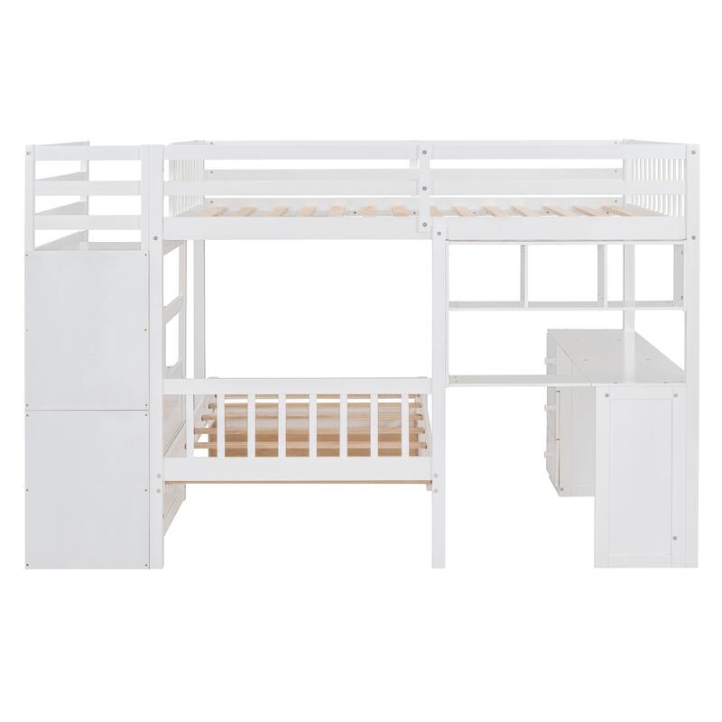 Full Over Twin Bunk Bed with Desk, Multiple Storage Drawers and Bookshelves, Bedroom L-Shaped Wood Platform Bed Frame