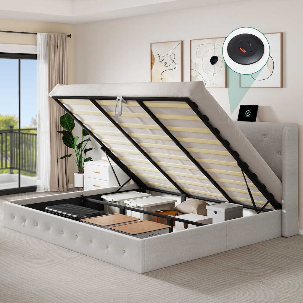 Moasis Queen Upholstered Headboard Platform Beds Lift Up Storage Bed