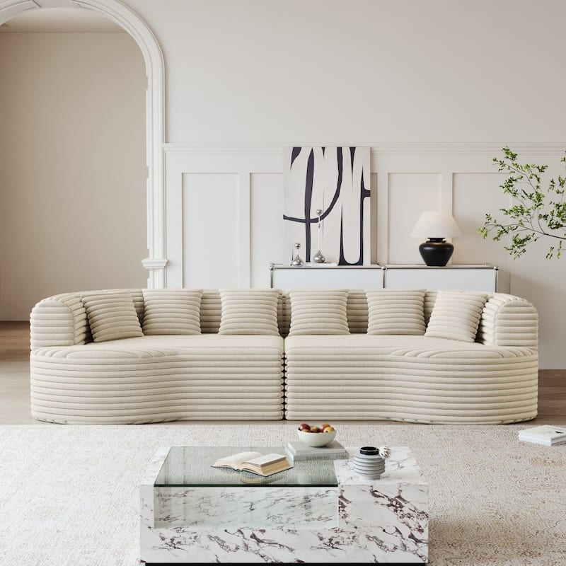 Modern Luxury Corduroy Boneless Curved Sectional Sofa with Pillows - Beige