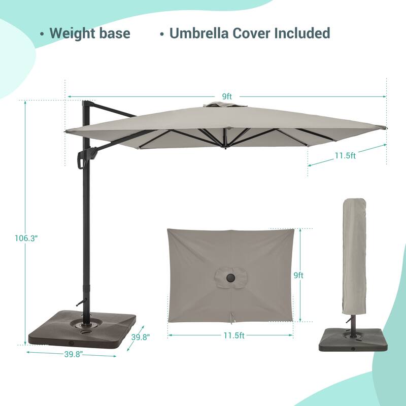 LIVOOSUN 11.5x9FT Aluminum Cantilever Patio Umbrella Solution-Dyed Fabric w/Base