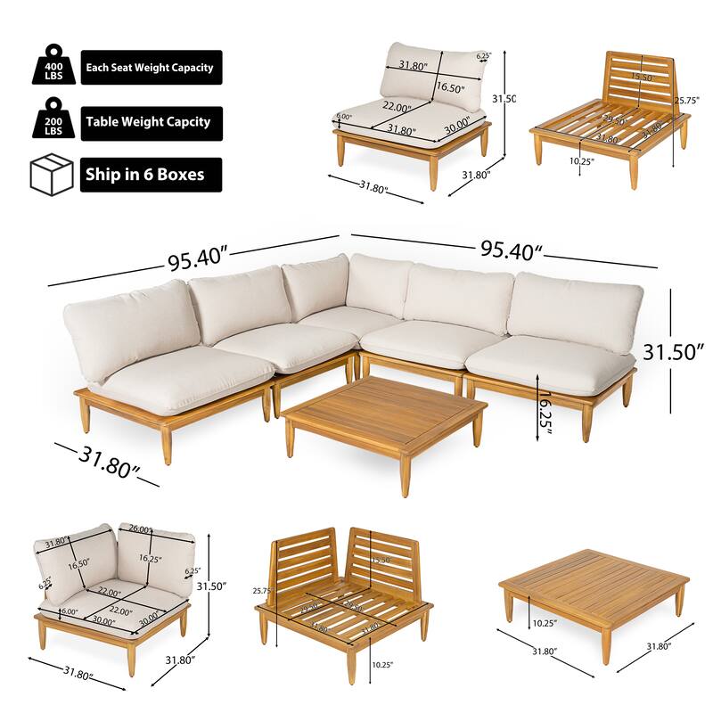 Scott Living Sacova Outdoor Acacia Wood V Shape Seating Set, Teak Finish Frame with Beige Cushion