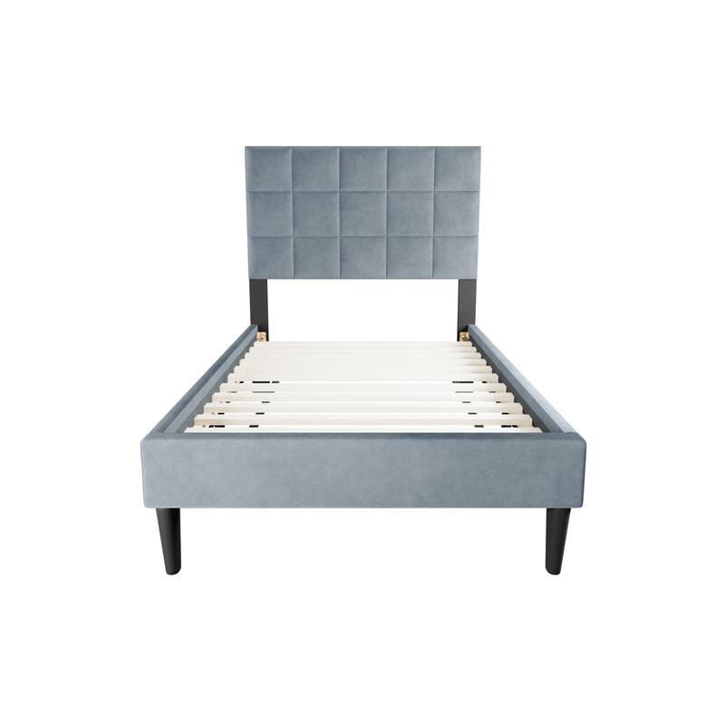 Adjustable Headboard Twin Bed with Brushed Linen Fabric and Biscuit Tufting Design