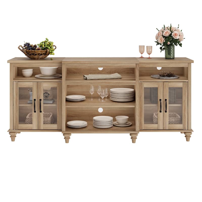 Buffet Cabinet with Glass Doors, Oak Kitchen Cabinet with Storages