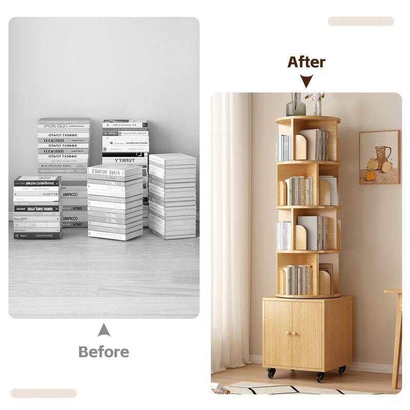 360 Degree Display 5 Tier Corner Bookshelf with Drawer, Floor Standing Bookcase Storage Rack, Wood Narrow Book Shelf Organizer