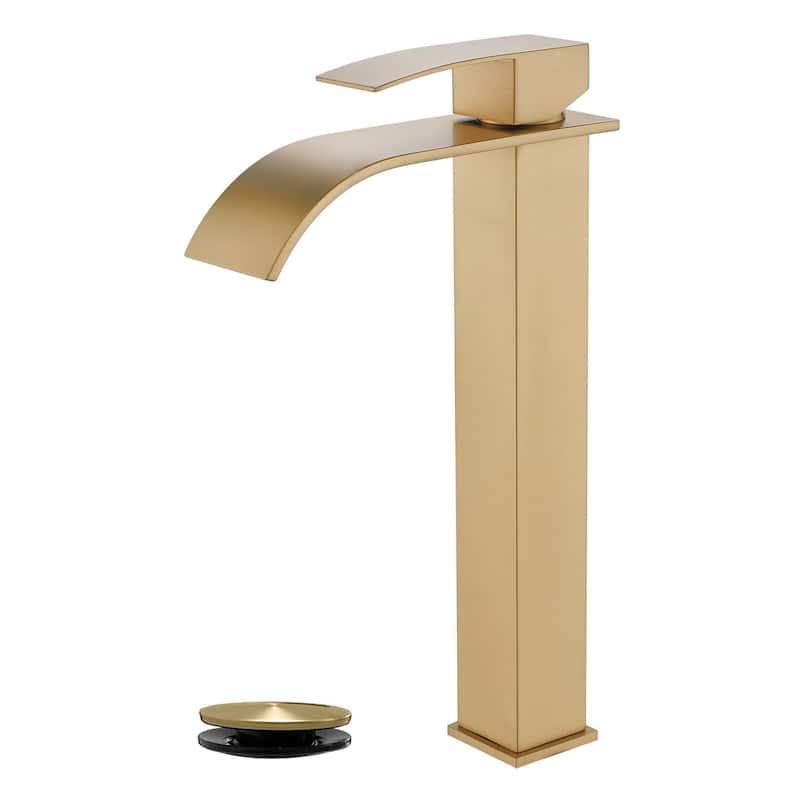 Single Handle Waterfall Bathroom Vessel Sink Faucet with Pop-up Drain 304 Stainless Steel 1 Hole High Tall Basin Vanity Faucets - Brushed Gold