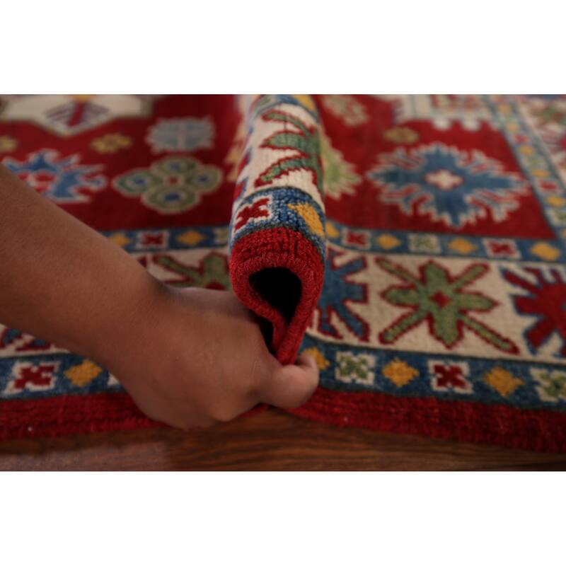 Oriental Kazak Area Rug Hand-Knotted Geometric Red Wool Carpet - 4'0" x 5'8"