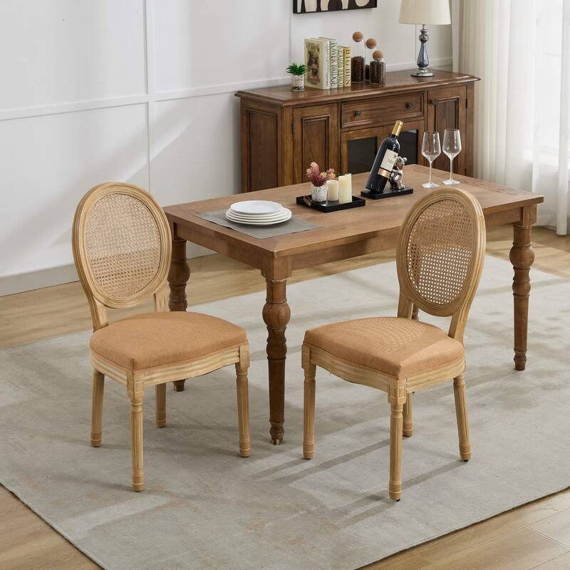 Set of 2 French Linen Upholstered Wood Dining Chairs with Rattan Back