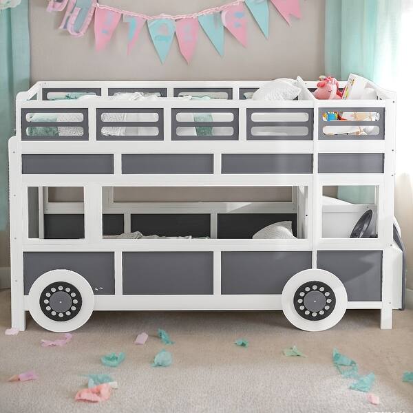 slide 2 of 13, Twin over Twin Bus-shaped Bunk Bed with Wheels and Storage,Space Saving,Kid's Bunk Bed,Gray+White Gray