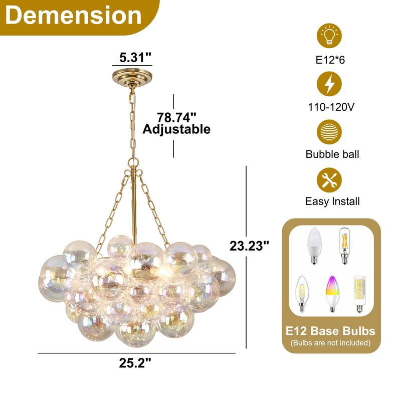 Starsky 6-Light lridescent Bubble Glass Globe chandelier, Hand-Blown Colorful cluster Light, Adjustable Height, Gold or Nickel