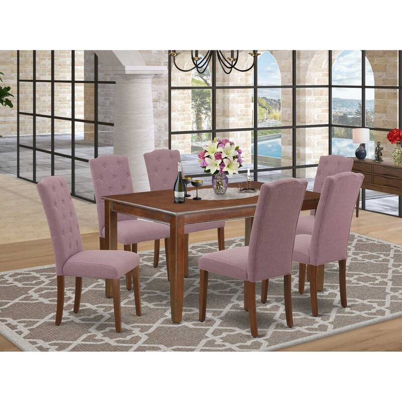 HomeStock 7-Piece Rectangle Mahogany Finish Solid Wood Top Dining Table with 6-Parson Chairs with Lattice Back