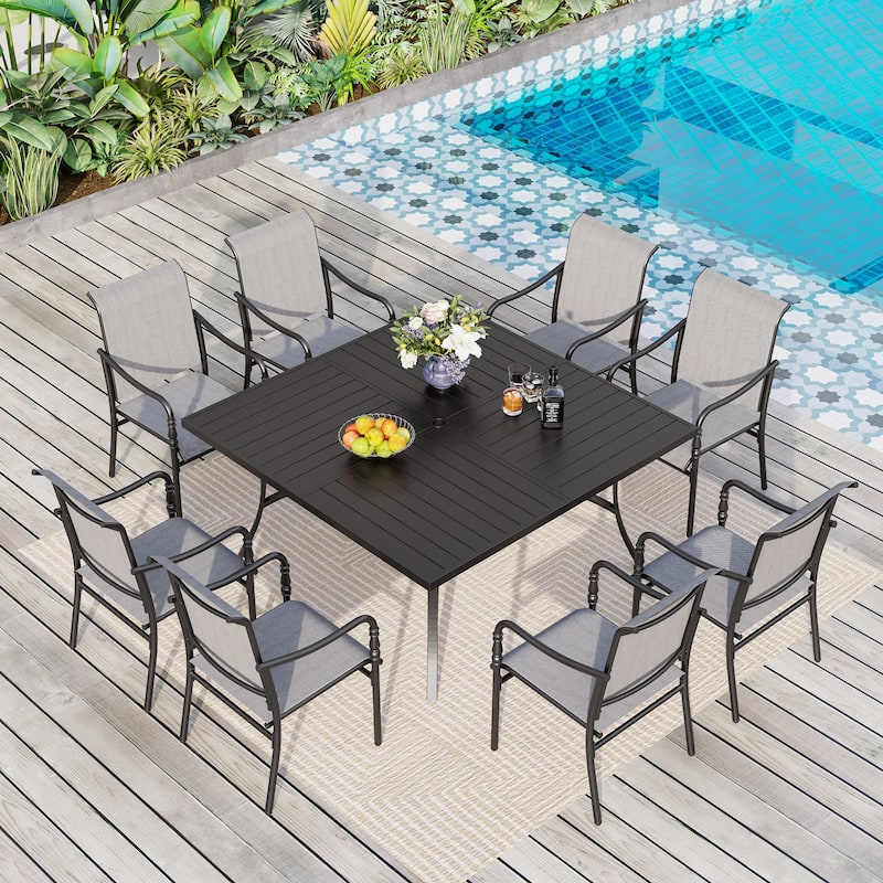 MAISON ARTS 9-Piece Patio Dining Set with Square/Rectangular Metal Table and 8 Gourd Head Shape Armrest Dining Chairs - Square Table+Textilene Chairs