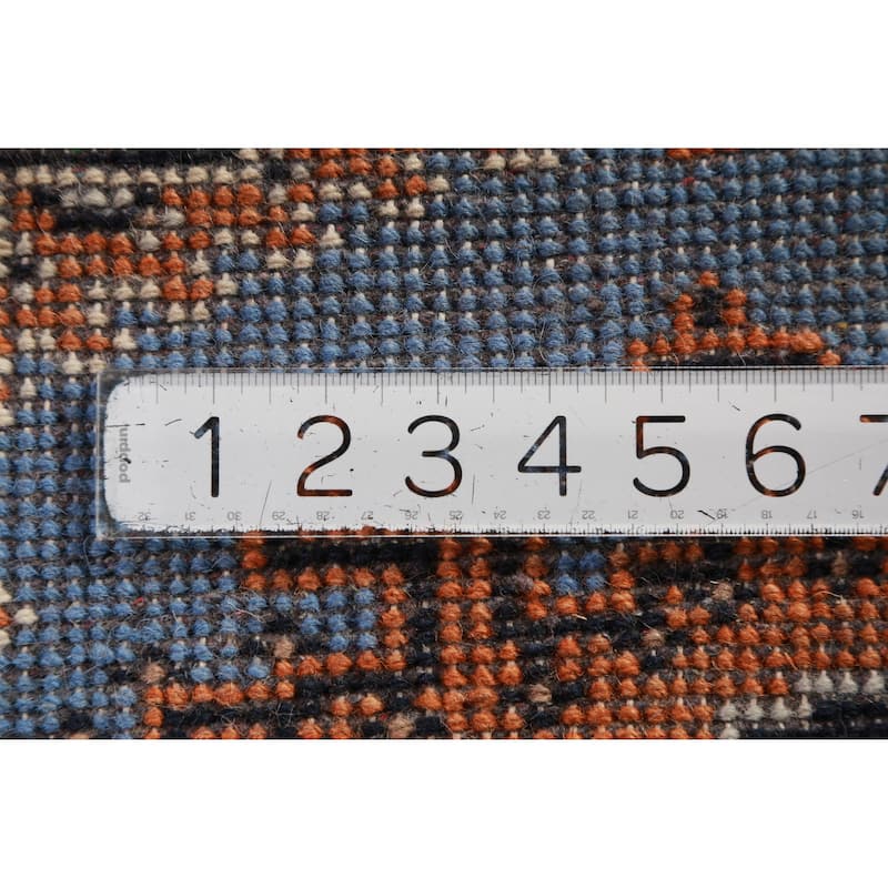 Hand Knotted Oriental 100% Wool Carpet Traditional Geometric Navy Blue & Blues Viss Runner Rug - 9' 8'' X 2' 6''