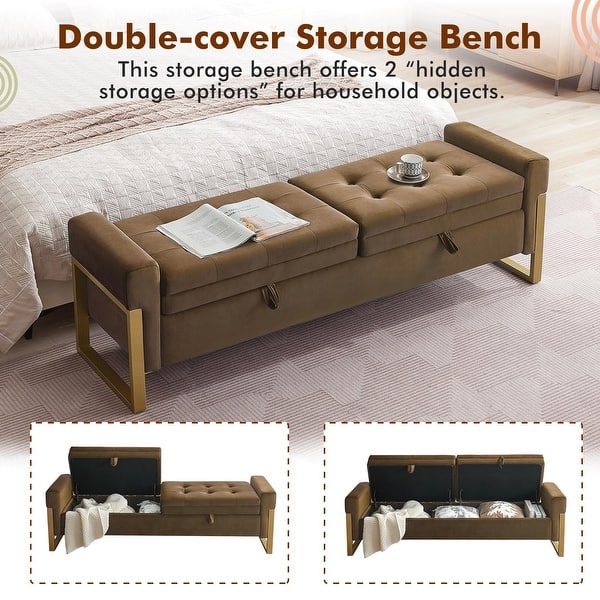 dimension image slide 3 of 10, 66" Storage Bench King Size End of Bed with Double Lids and Gold Legs
