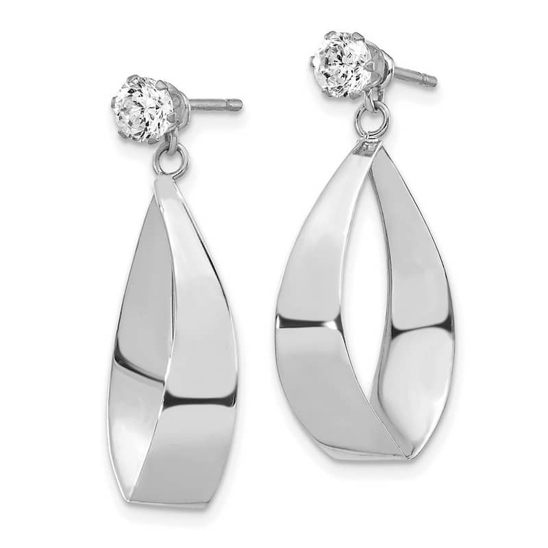 Curata 14k White Gold Surgical steel post Polished Oval Dangle with Cubic Zirconia Stud Earrings Jackets