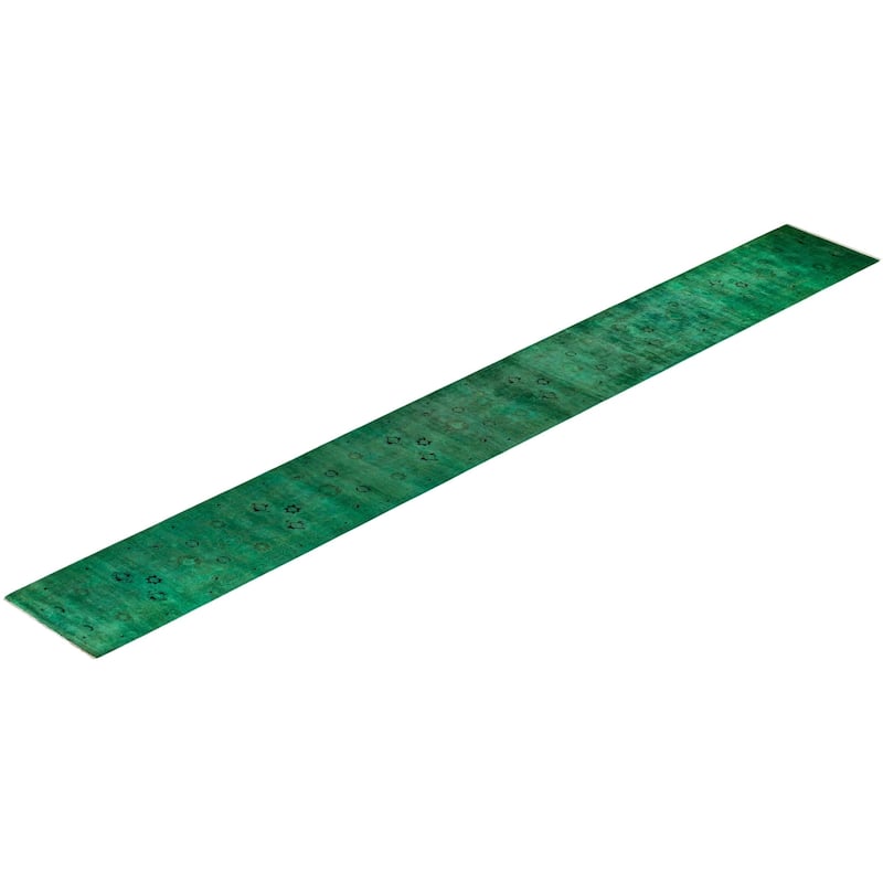 Overton Hand Knotted Wool Vintage Inspired Modern Contemporary Overdyed Green Area Rug - 2' 7" x 23' 1"