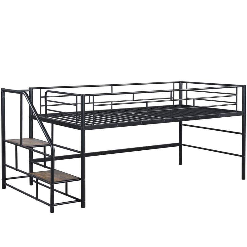 Twin Size Loft Bed with Play and Storage Spaces Underneath, Metal Bed Frame with Storage stairs and Guardrail for Bedroom
