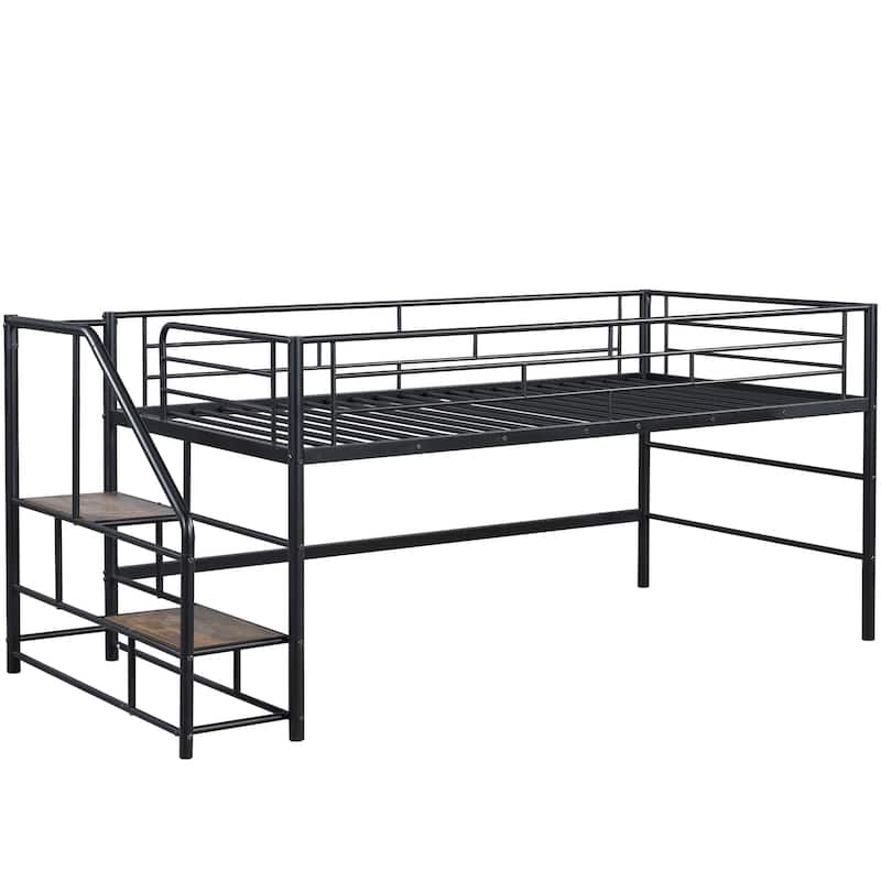 Twin Size MDF Metal Mid Loft Bed with Storage stairs and Fence for Kids, Boys and Girls, Bedroom