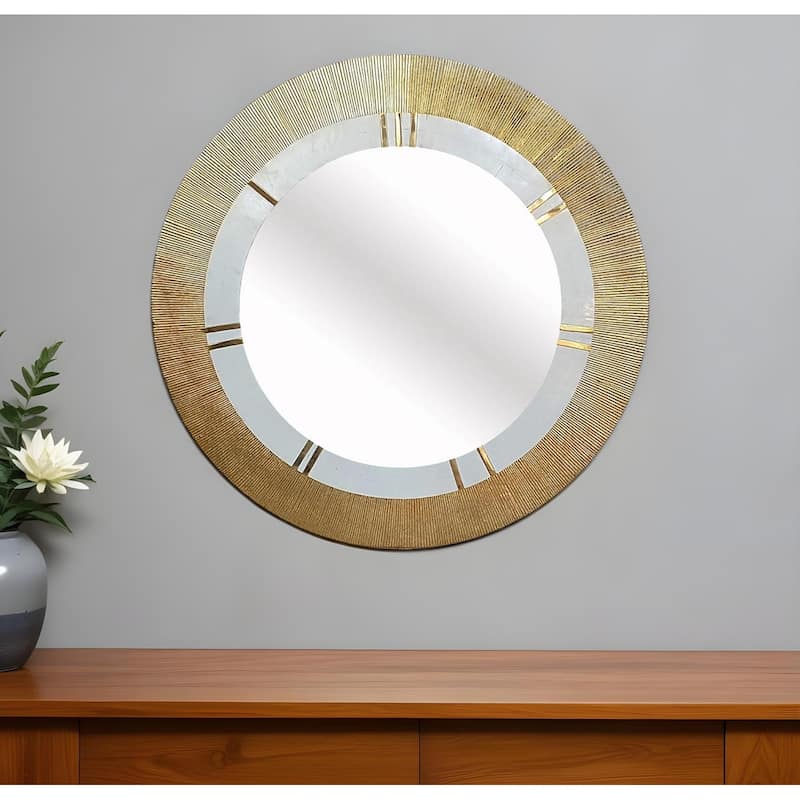 HomeRoots 36" Gold and White Round Aluminum Ribbed Edge Framed Accent Mirror - 36' X '36' X '0.8 - Gold and White - 36' X '36' X '0.8