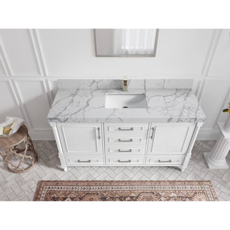 Willow Collections 60 in. W x 22 in. D Aberdeen Single Bowl Sink Bathroom Vanity with Countertop - 2" Venatino - White