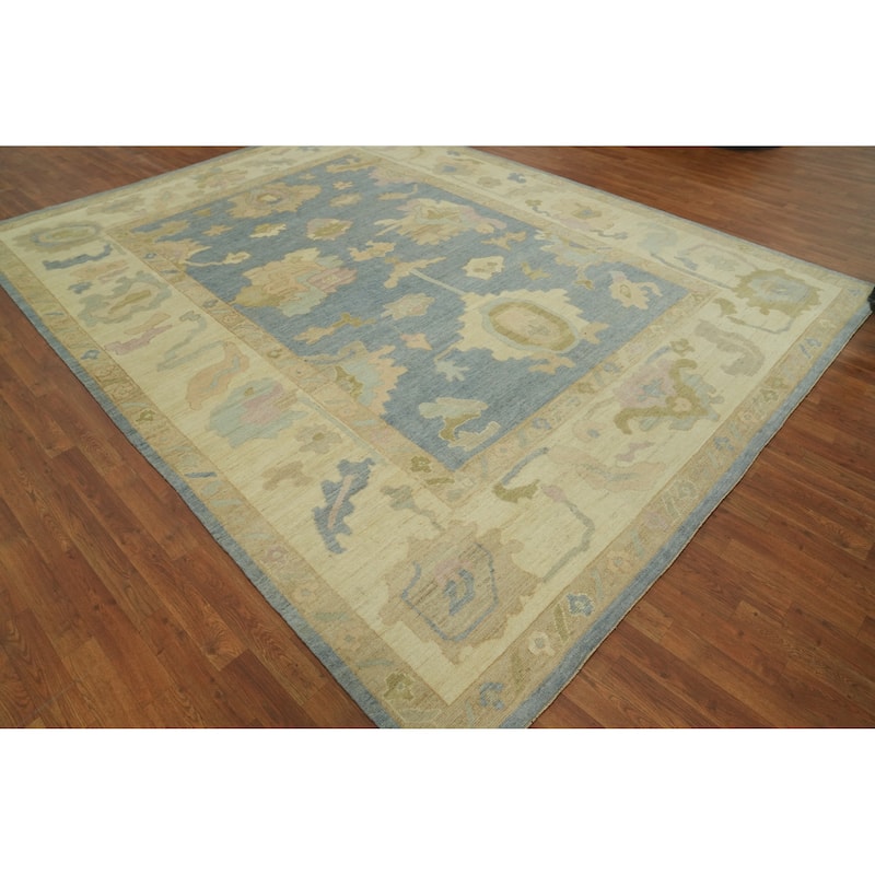 Handmade Wool Oushak Turkish Area Rug, Floral Geometric Carpet - 11' 11'' X 9' 1''