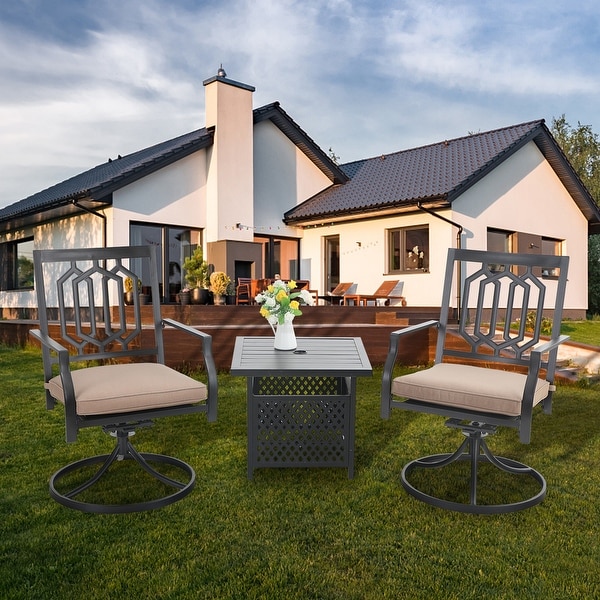 PHI VILLA 3-Pcs Outdoor Dining Set: Steel Swivel Dining Chair with Cushion and Bistro Table with Umbrella Hole. Opens flyout.
