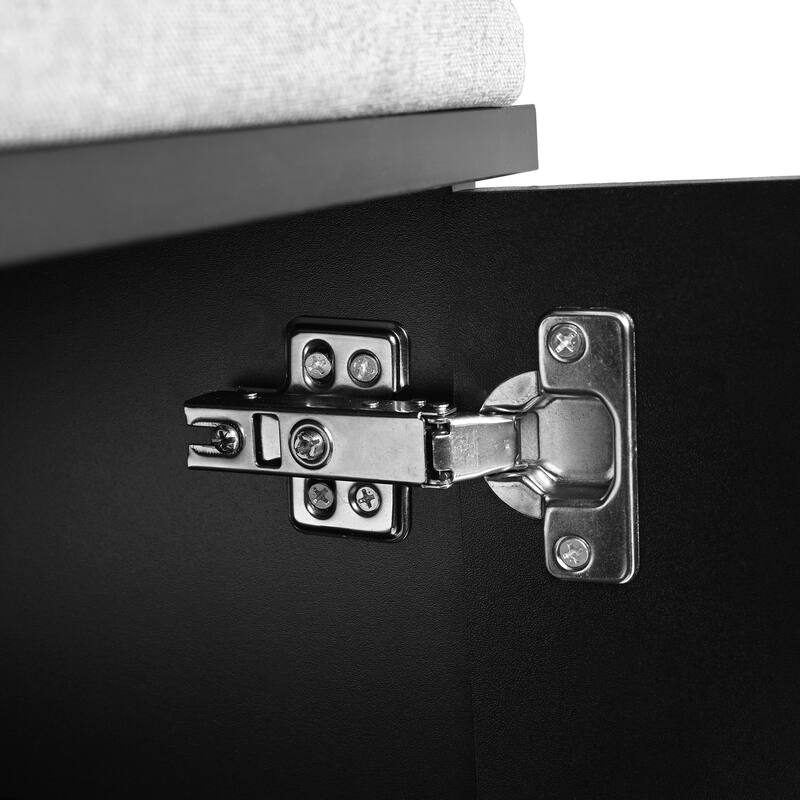 Modern Hall Tree, Wood Coat Rack with 8 Gold Hooks and Legs, Entryway Upholstered Bench with Adjustable Shelves & Doors