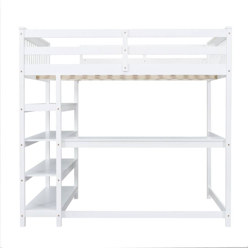Full/Twin Size Loft Bed with Under-bed Desk & Storage Shelves, Space-Saving Design, Solid Pine Frame, No Box Spring Required