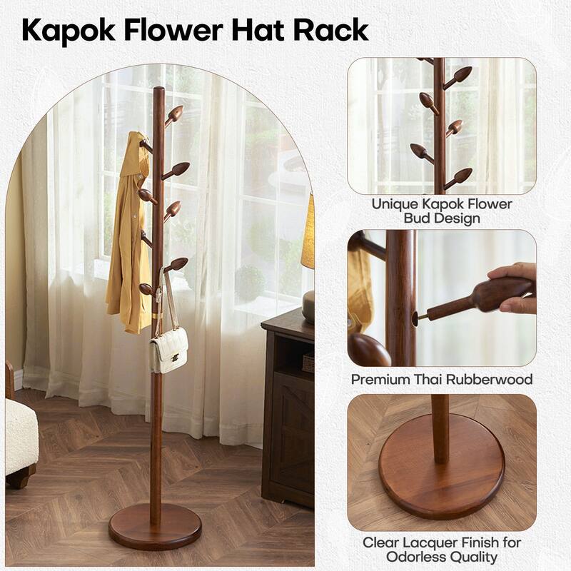 Rubberwood Freestanding Coat Rack, Coat Tree with 8 Bud-shaped Hooks - 15.75"Dia. x 72.44"H