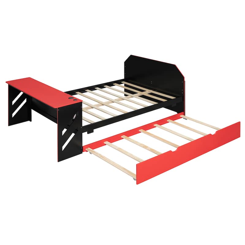 Esports & Work Daybed Full Size Platform Bed for Teens with Twin Size Trundle, Built-in Desk, USB Ports and Cable Management