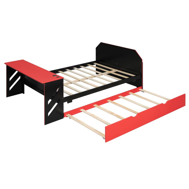 Full Daybed with Trundle, Wood Daybed with Built-in Desk and USB Charging Station, Twin Trundle Bed with Storage