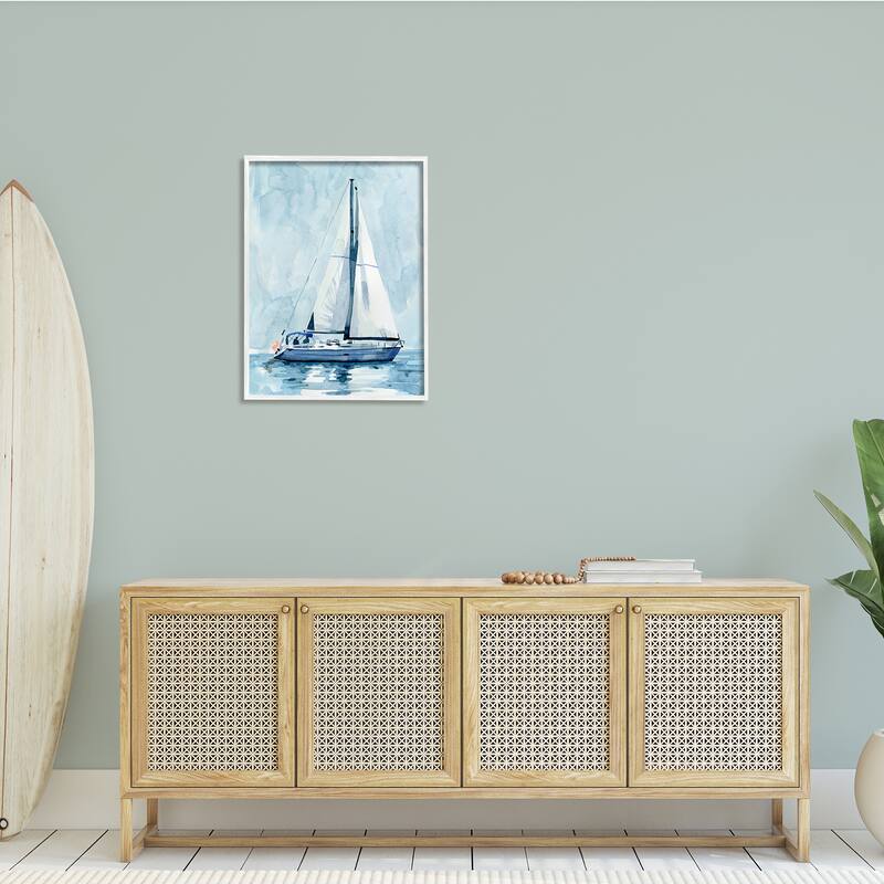 Stupell Nautical Blue Sailboat Tranquil Coastal Water Watercolor Painting Framed Wall Art - White
