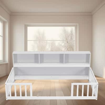 Twin Size Floor Platform Bed Frame with Bookcase, Guardrails, and Shelves for Storage, Space-Saving Design for Small Rooms