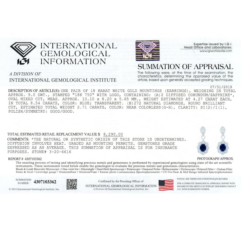 Auriya Fancy 8 1/2ct Royal Blue Sapphire Oval and 2 3/4ctw Halo Diamond Earrings 18K Gold