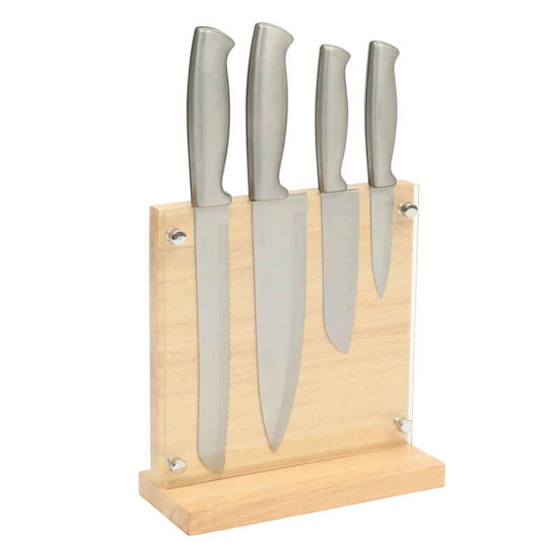 Oster Baldwyn 5-Piece Stainless Steel Knife Block Set with Wood Magnetic Stand - Countertop Display & Knive-Safe Storage