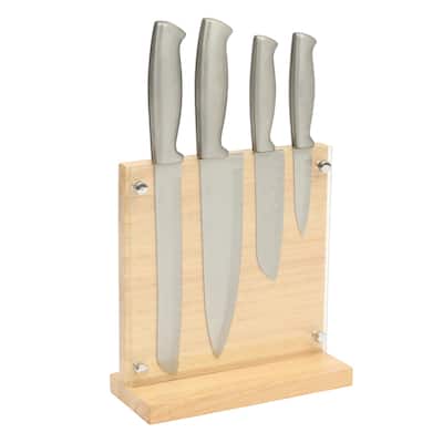 Oster Baldwyn 5-Piece Stainless Steel Knife Block Set with Wood Magnetic Stand - Countertop Display & Knive-Safe Storage